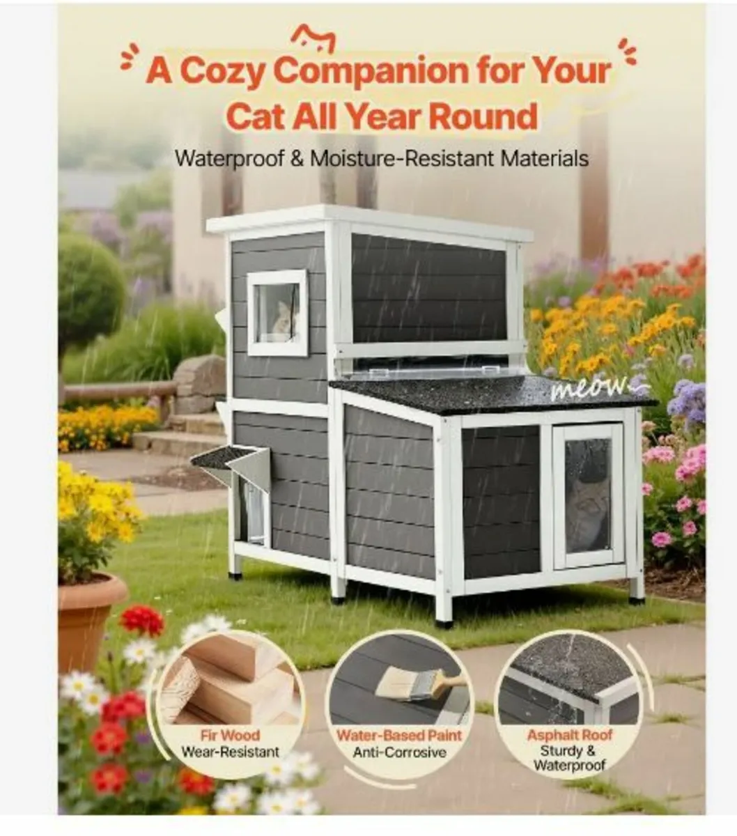 Outdoor Cat House, 2-Story Wooden Cat Shelter - Image 1