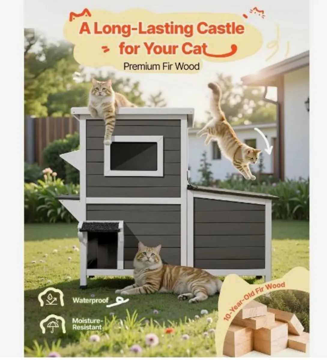 Outdoor Cat House, 2-Story Wooden Cat Shelter - Image 3
