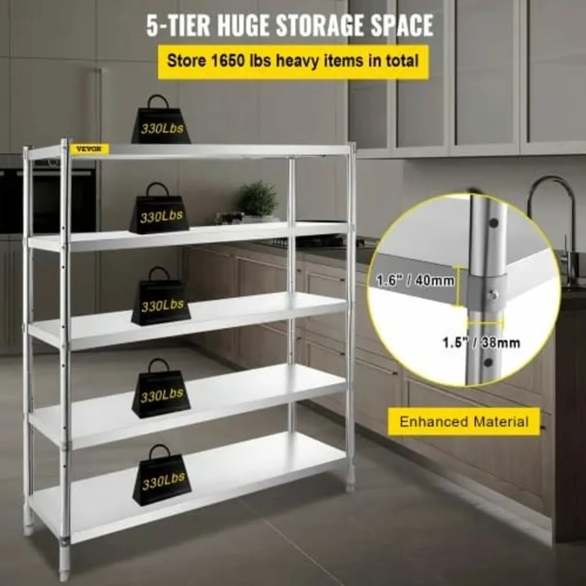 5-Tier Storage Shelving Unit, Stainless Steel Gara - Image 2