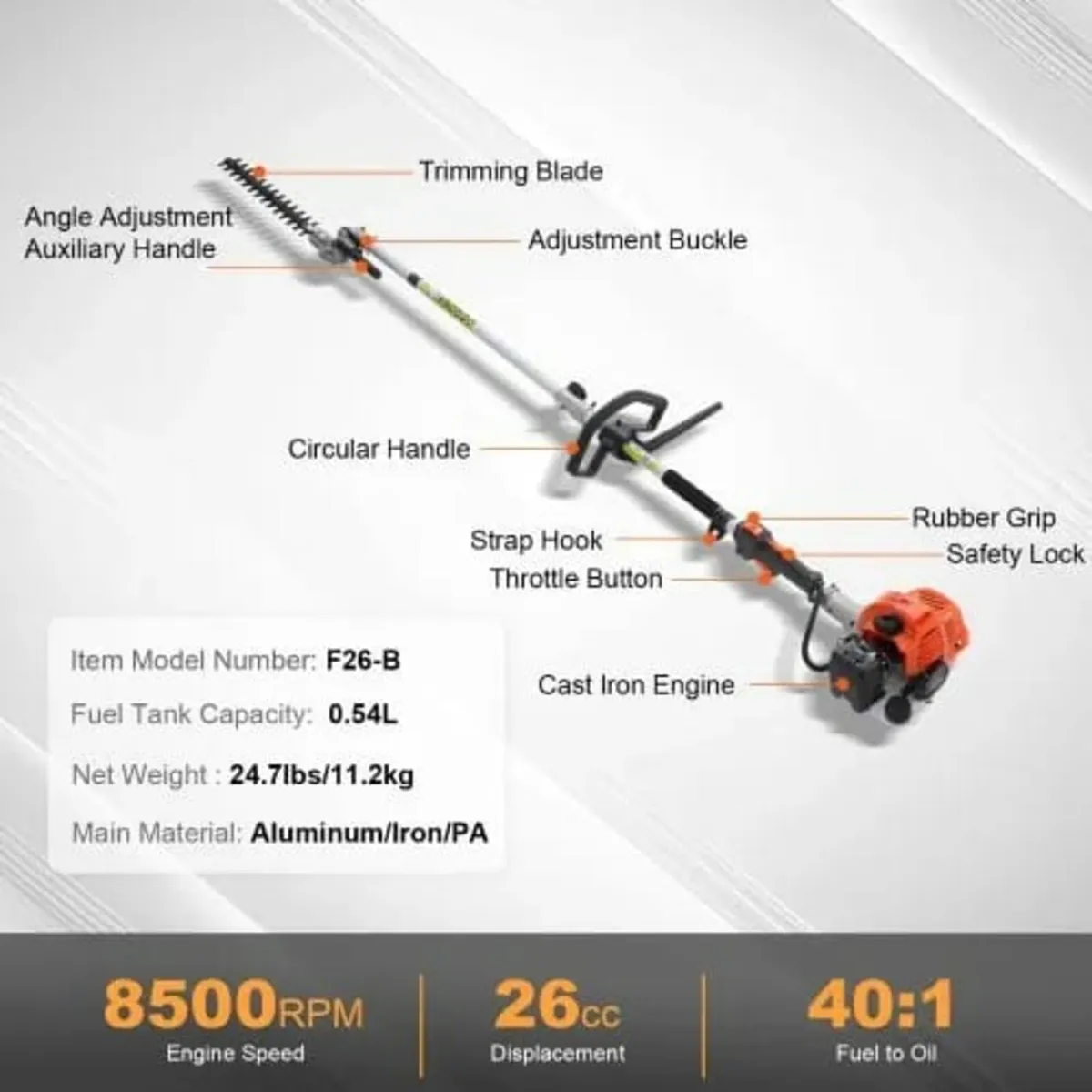 15.7-inch 26CC 2 Cycle Gas Hedge Trimmer, Gas Powe - Image 2