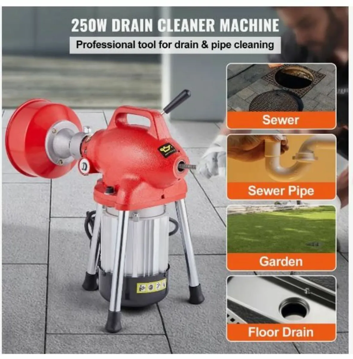 Drain Cleaner Machine 66FT x 5/8 Inch, 250W - Image 2