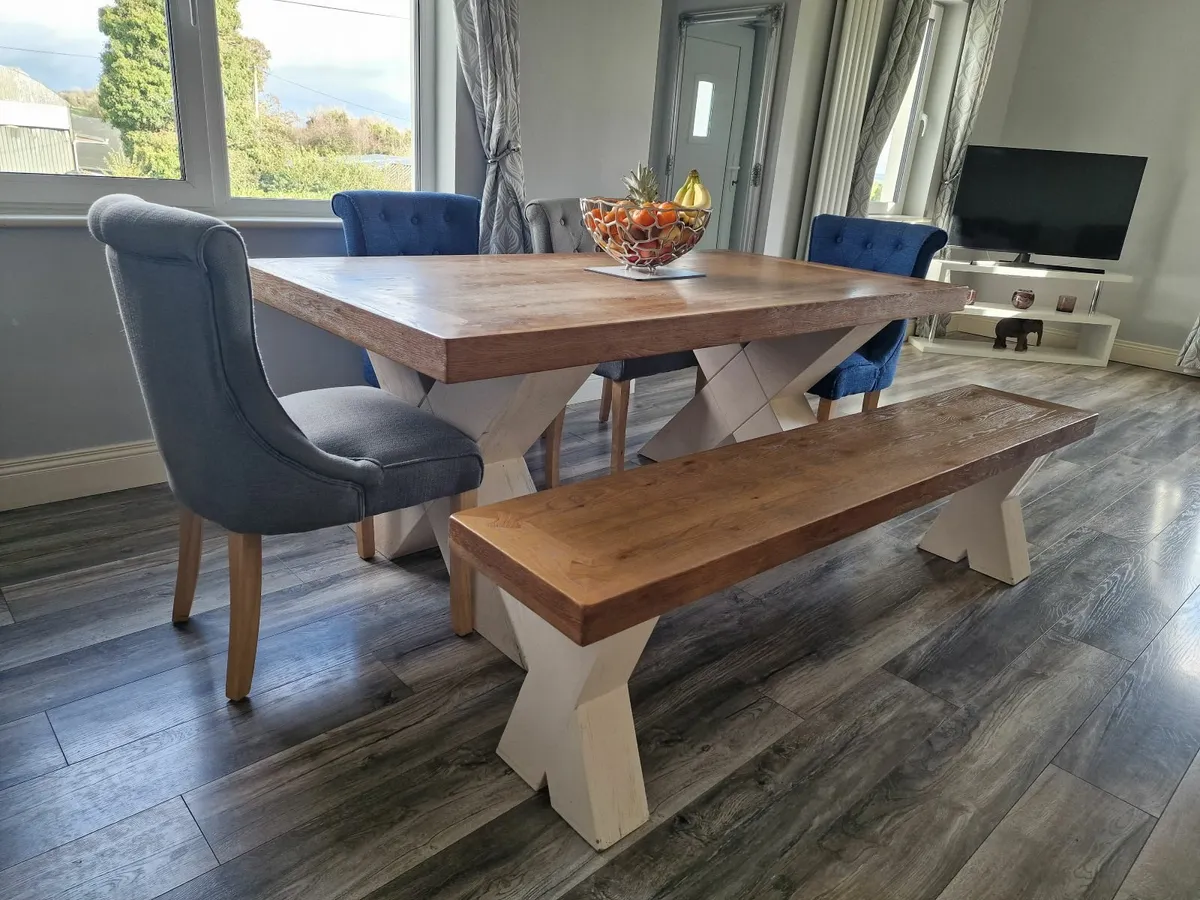 Heavy Oak Dining Table, Bench & Chairs - Image 1