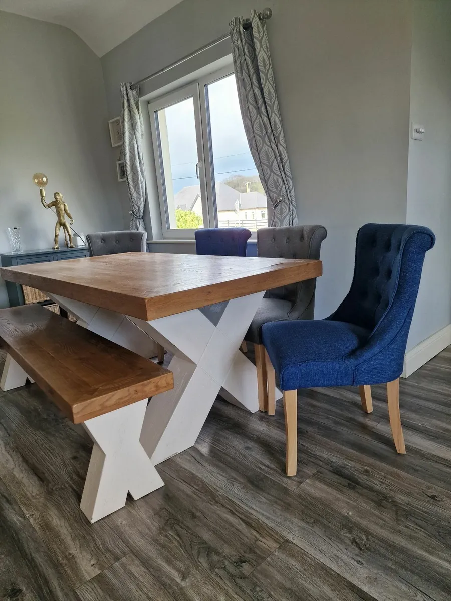 Heavy Oak Dining Table, Bench & Chairs - Image 3