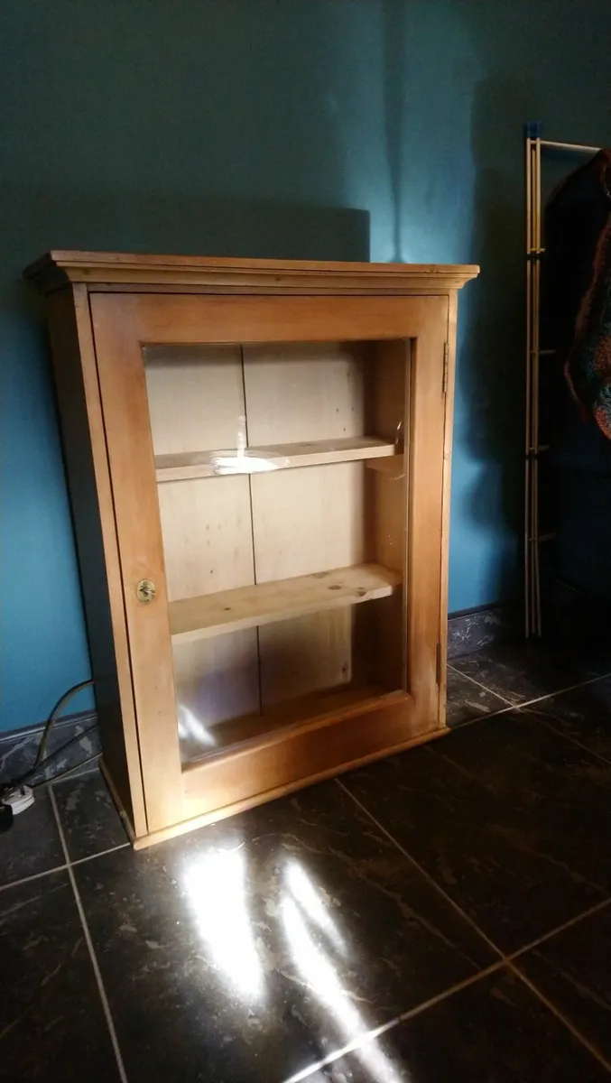 Vintage pine pharmacy cabinet with key. - Image 1