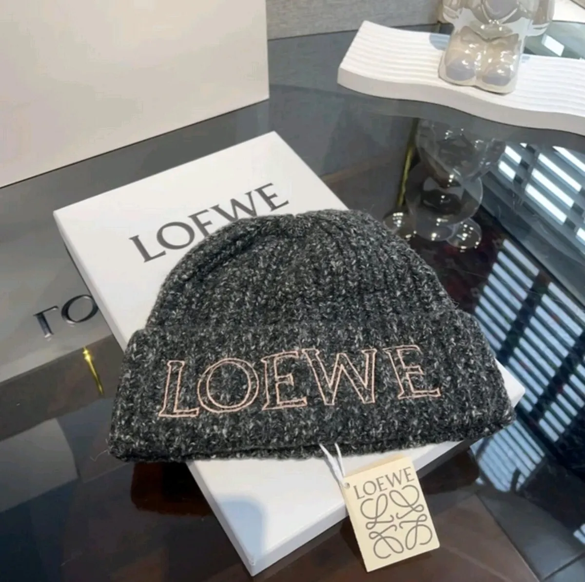 Loewe Ribbed Speckled Dark Grey Wool Beanie Hat - Image 1