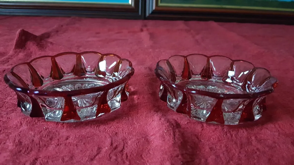 2Pc.Bohemian Ruby Red 2Tone Cut Crystal Glass Dish - Image 1