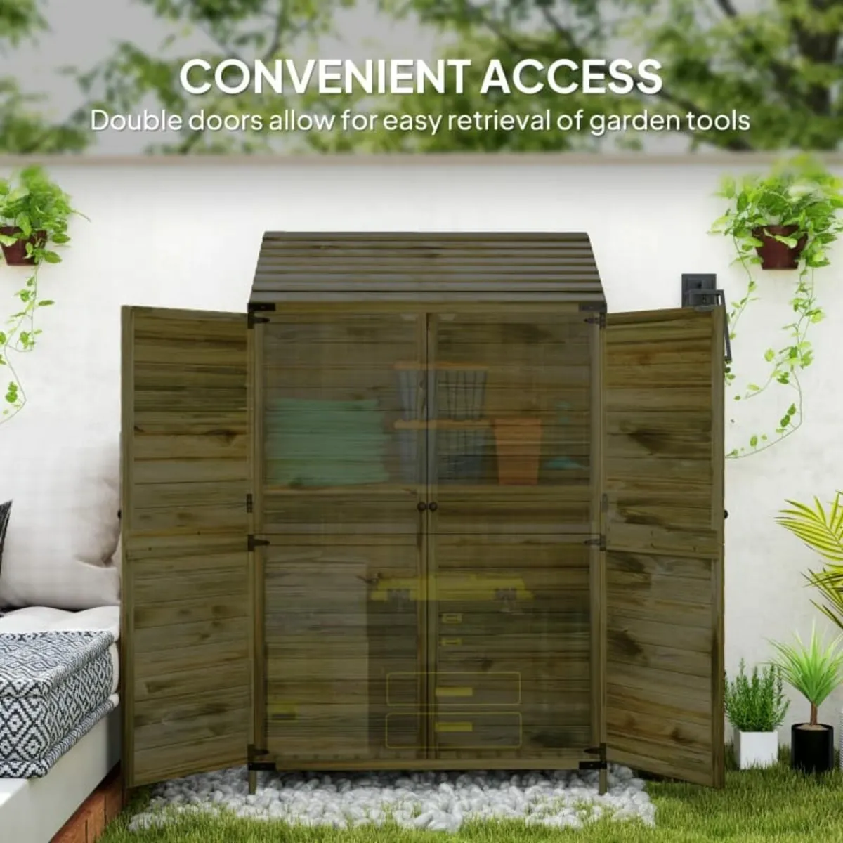 59 x 103.5 cm Two-Tier Wooden Garden Shed - Olive - Image 2