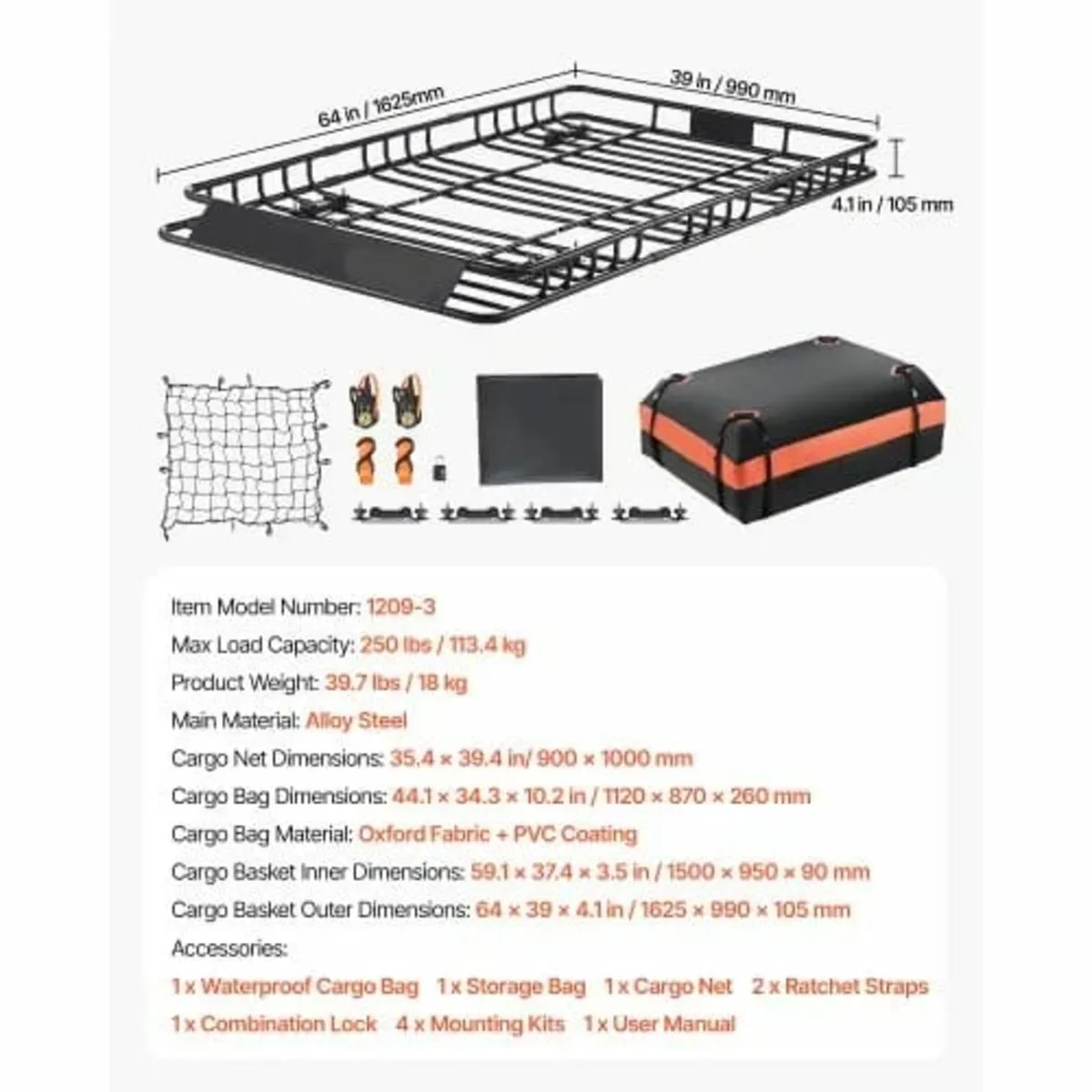 Roof Rack Basket, 64 x 39 x 4.1 in, Universal Roof - Image 4