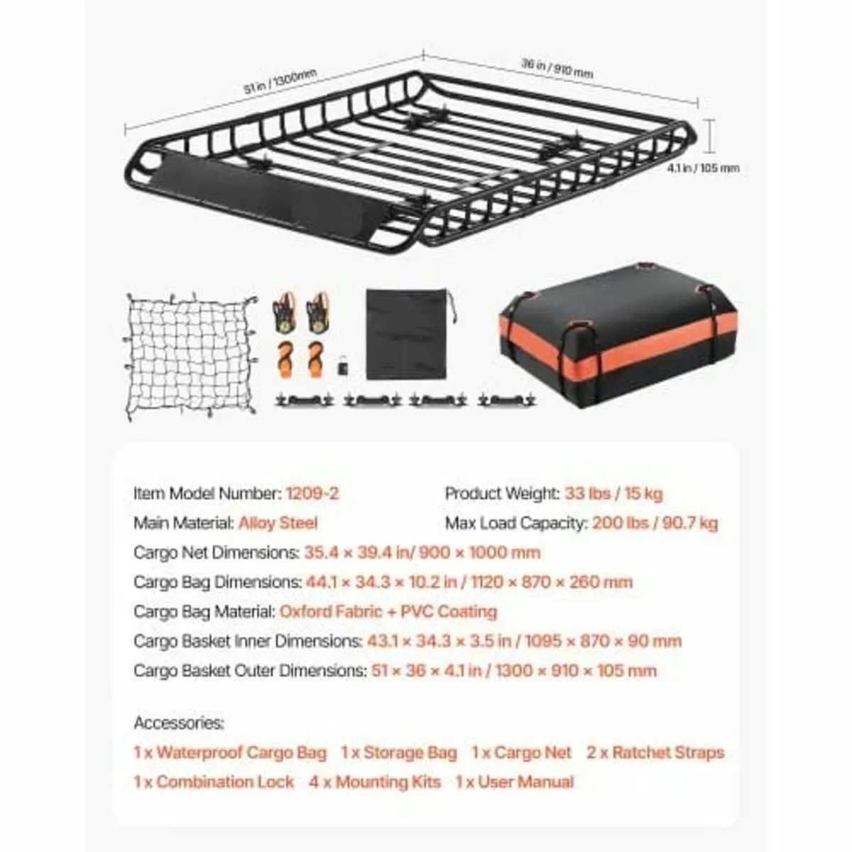 Roof Rack Basket, 51 x 36 x 4.1 in, Universal Roof - Image 4