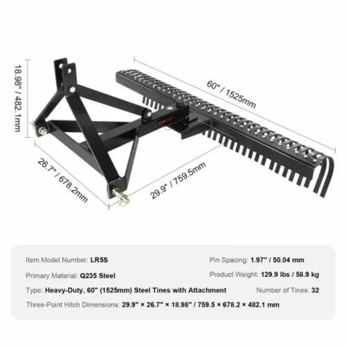 Tow Behind Dethatcher 60"/152.4 cm 3-Point Lawn De - Image 3