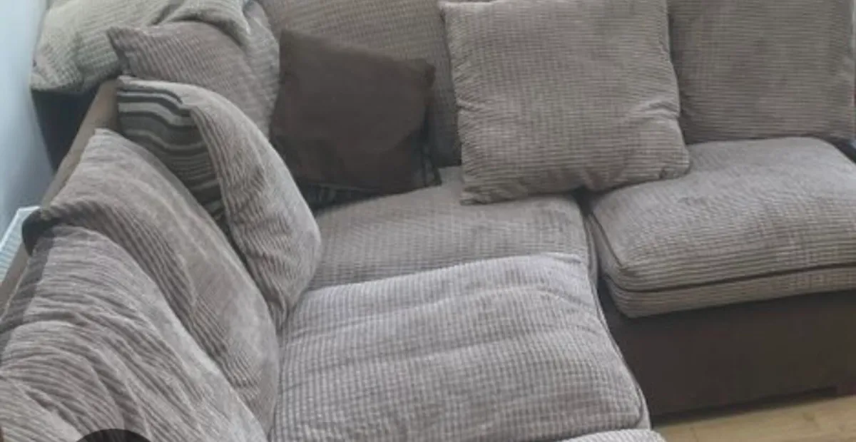 corduroy L-shaped corner sofa with throw pillows. - Image 2