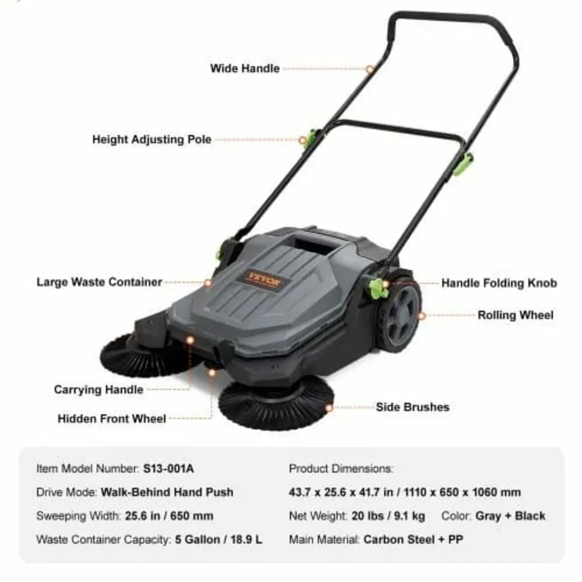 Walk-behind Hand Push Floor Sweeper, 65 cm Sweepin - Image 2