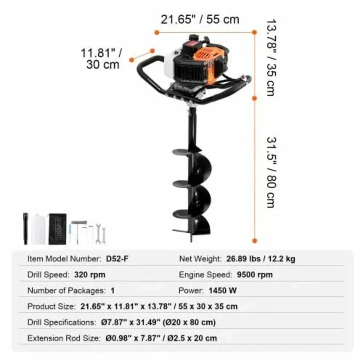 Post Hole Digger Gas Powered, 52CC 1450W Earth Aug - Image 2