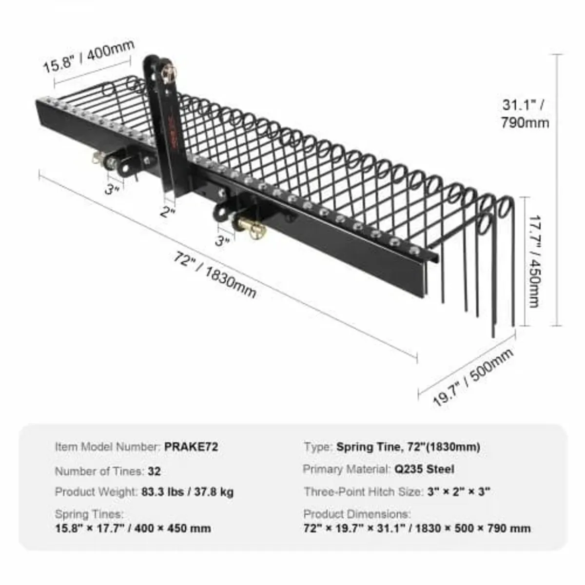 Tow Behind Landscape Rake 72"/183 cm Lawn Dethatch - Image 2