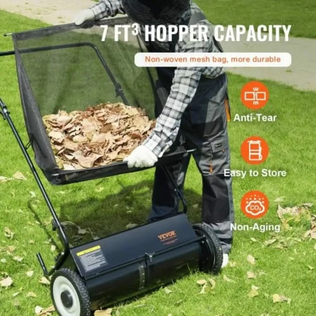 Push Lawn Sweeper, 26-inch Leaf & Grass Collector, - Image 2
