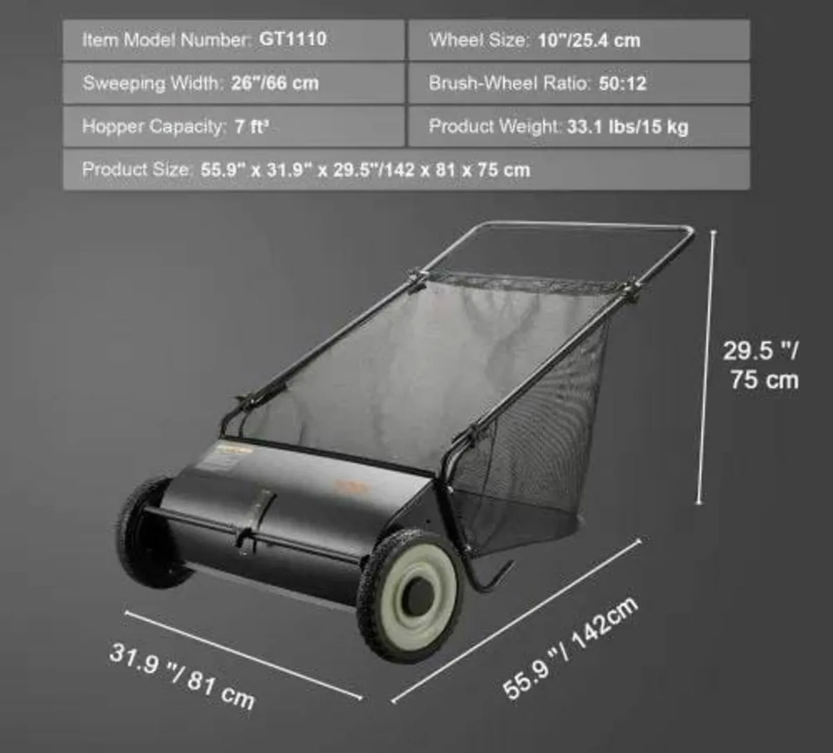 Push Lawn Sweeper, 26-inch Leaf & Grass Collector, - Image 4