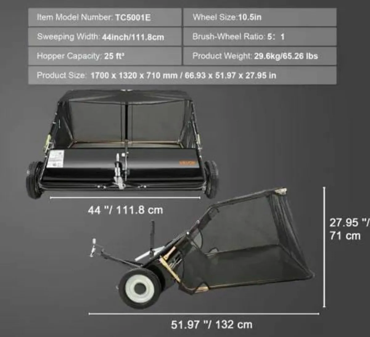 Tow Behind Lawn Sweeper, 111.7 cm Pull Behind Lawn - Image 4