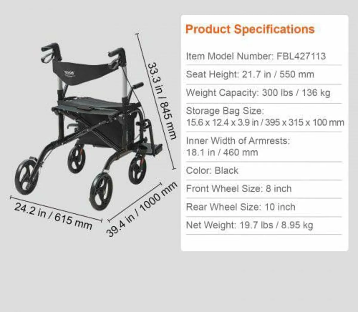 2 in 1 Rollator Walker & Transport Chair for Senio - Image 3