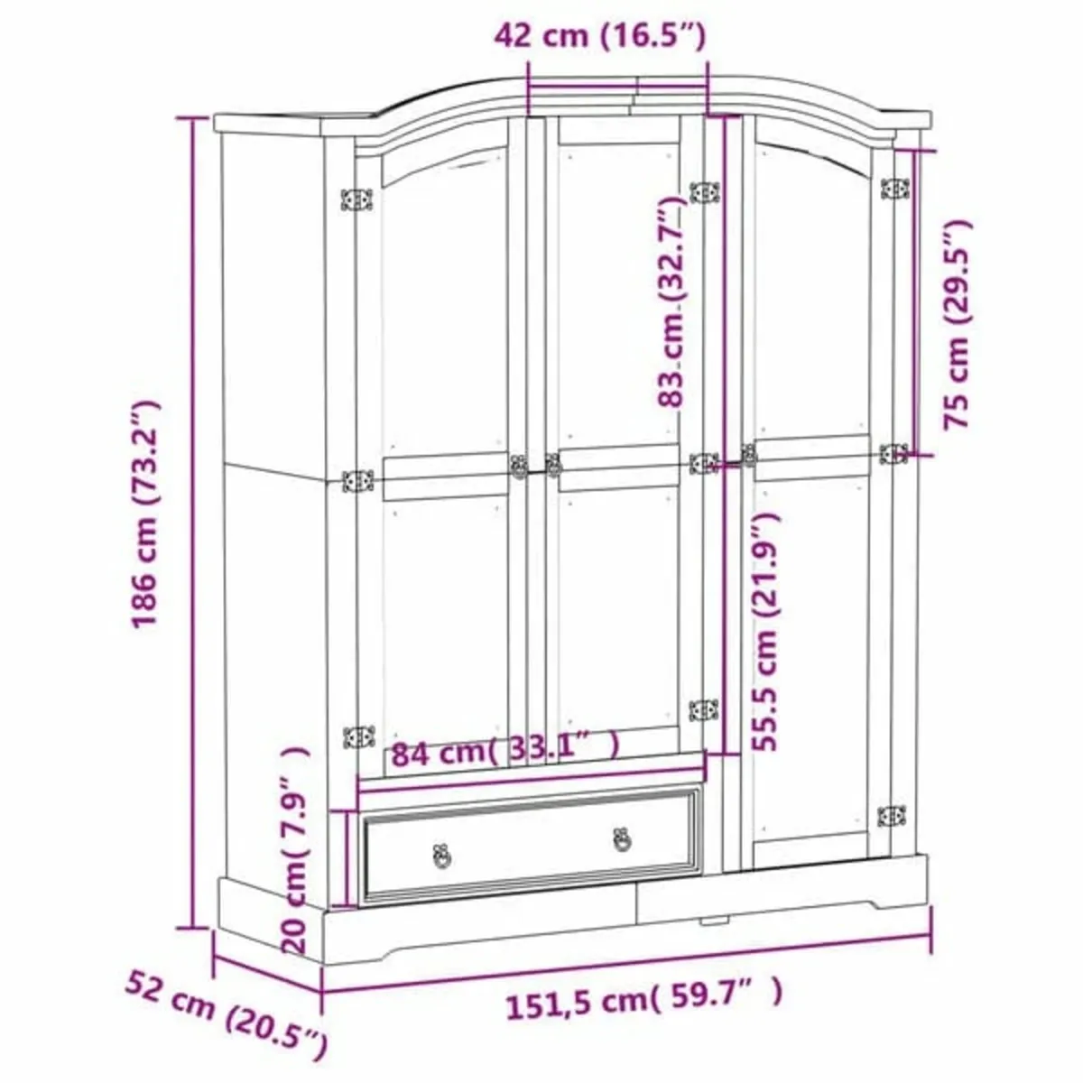 Wardrobe Corona 151.5x52x186 cm Solid Wood Pine - Image 3