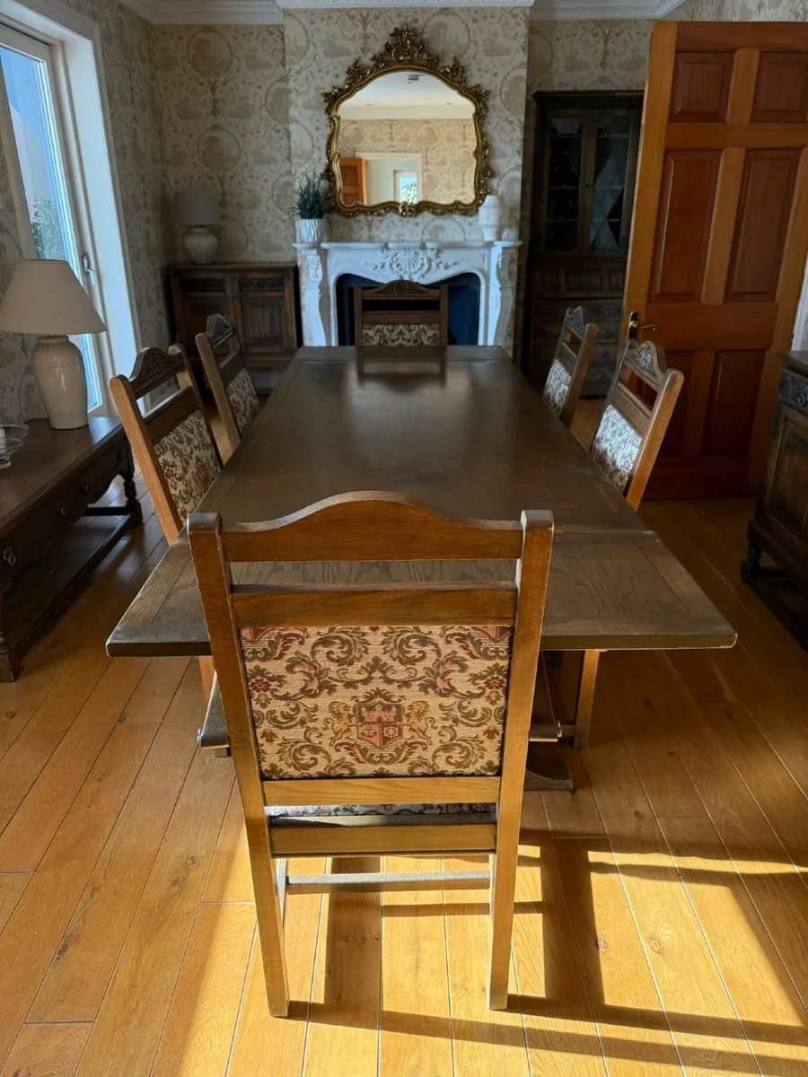 Antique-Style Oak Dining Table Set – 6 Chairs - Image 1