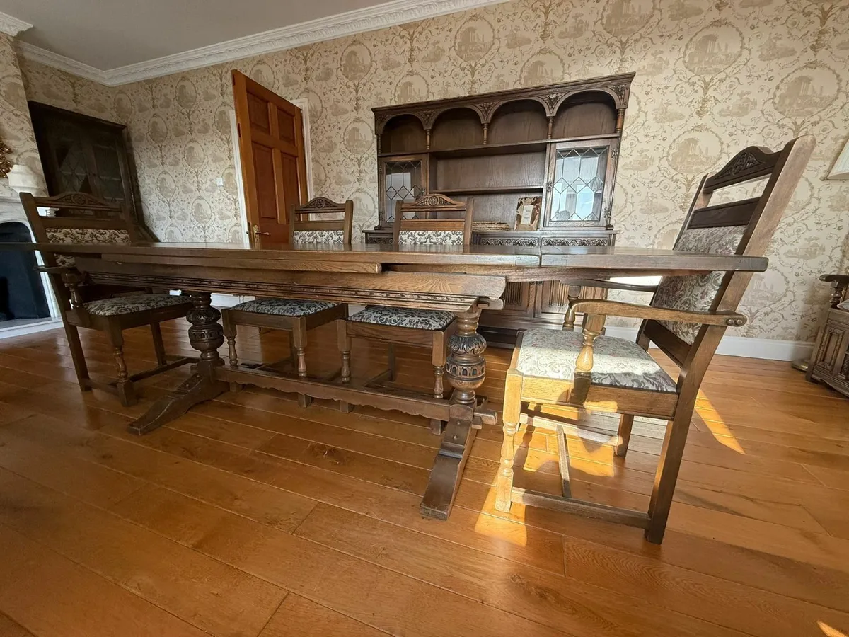 Antique-Style Oak Dining Table Set – 6 Chairs - Image 4