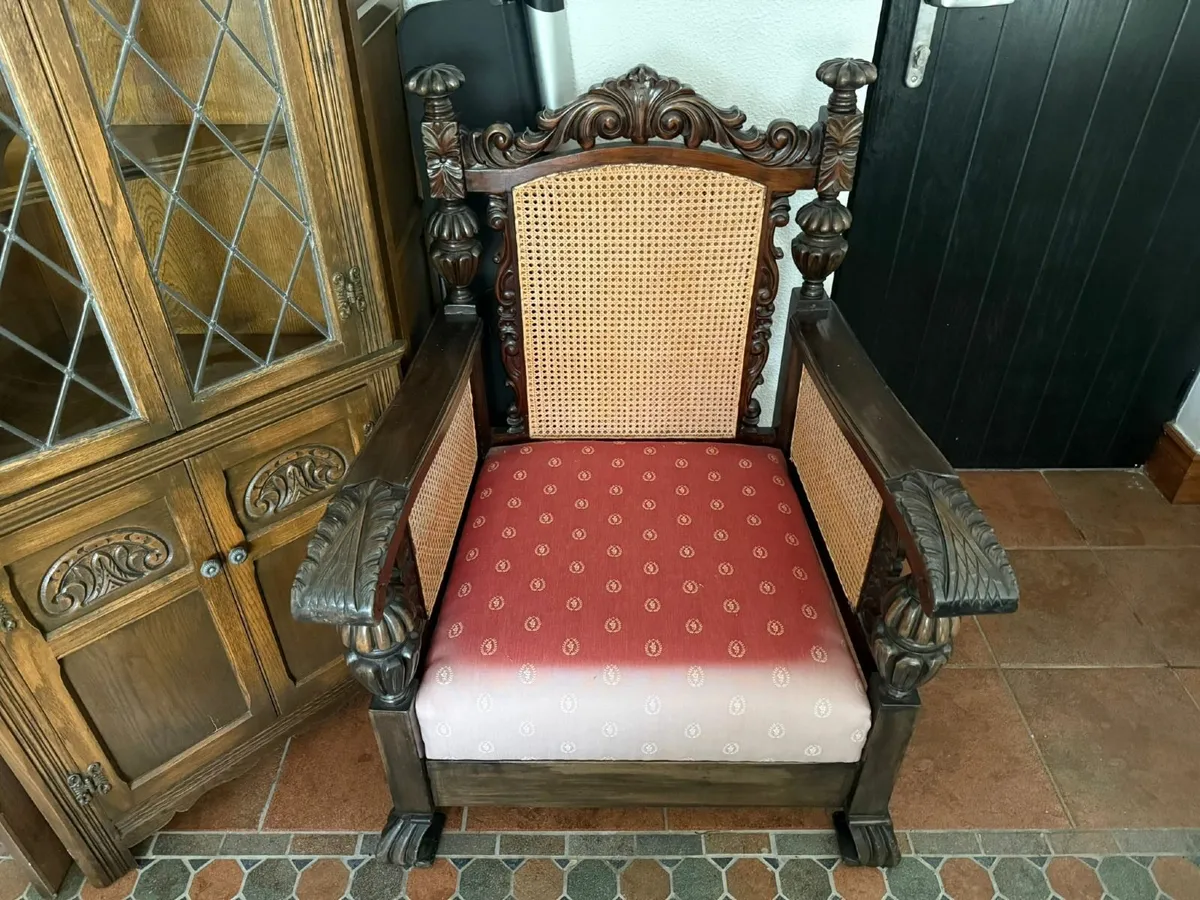 Antique-Style Hand-Carved Teak Armchair with Cane - Image 1