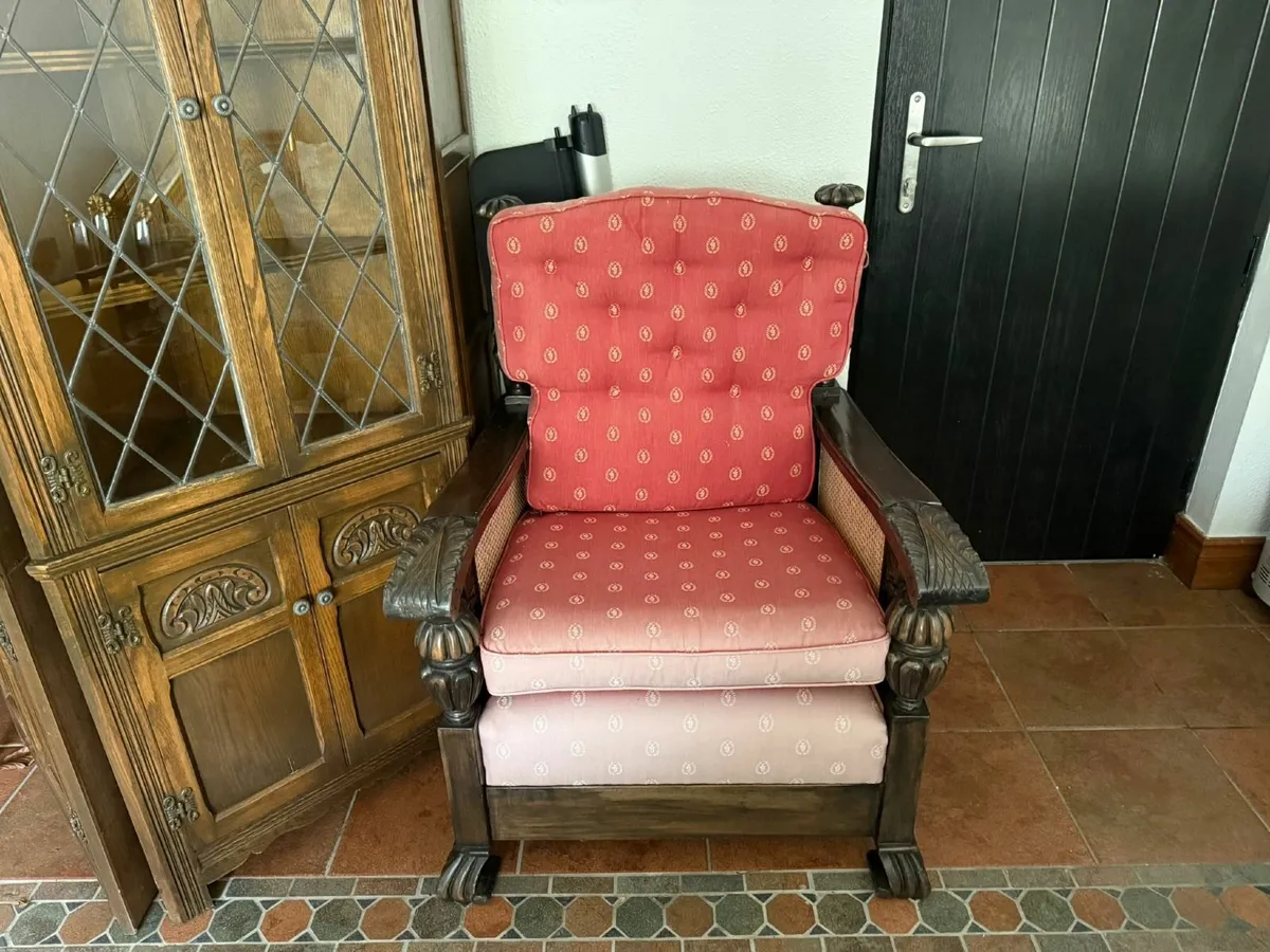 Antique-Style Hand-Carved Teak Armchair with Cane - Image 2