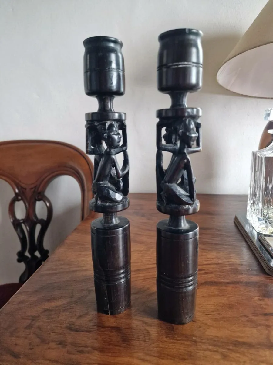 2 hand carved ebony candlesticks - Image 1