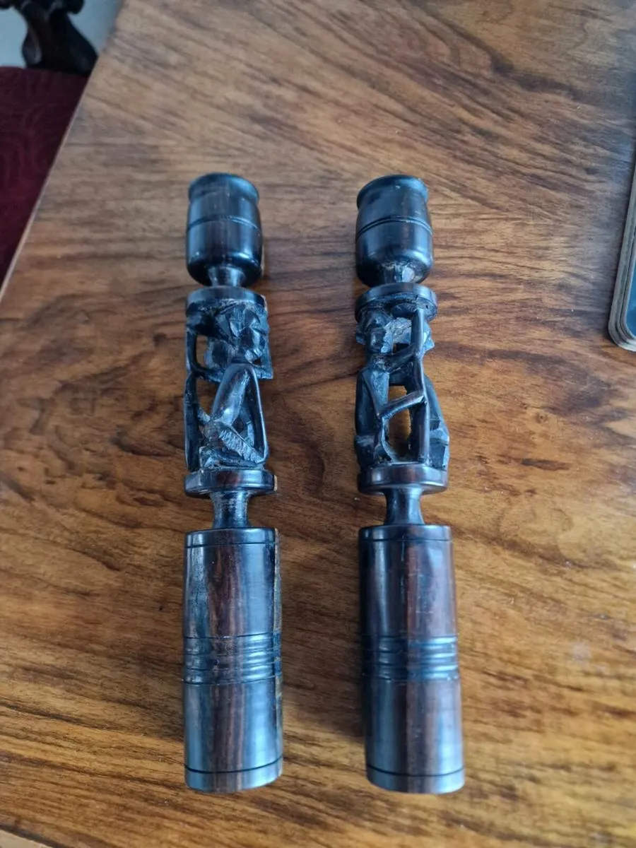 2 hand carved ebony candlesticks - Image 3