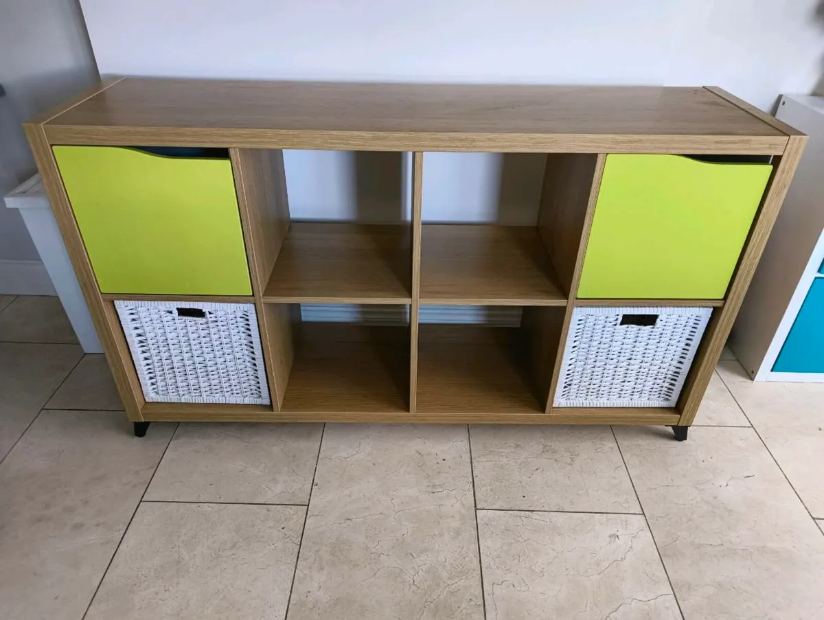 Oak coloured IKEA Kallax unit w/doors & boxes - Image 1