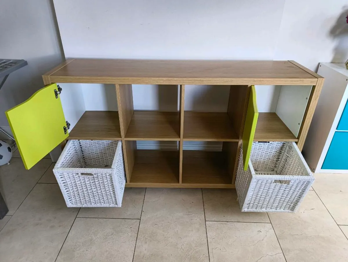 Oak coloured IKEA Kallax unit w/doors & boxes - Image 2