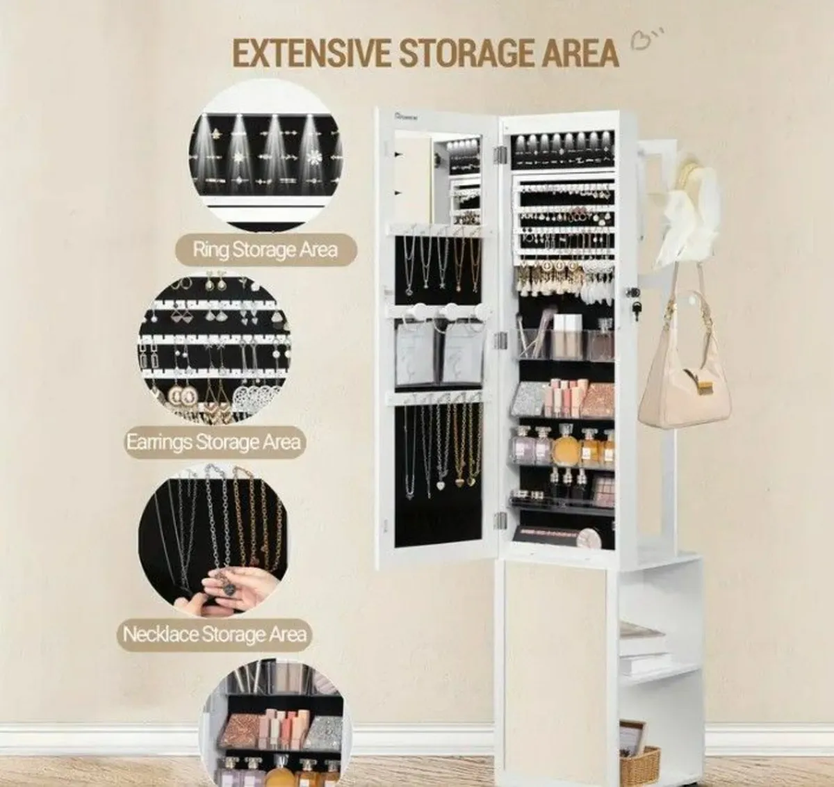 Jewellery Cabinet with Full-Length Mirror & LED Li - Image 3