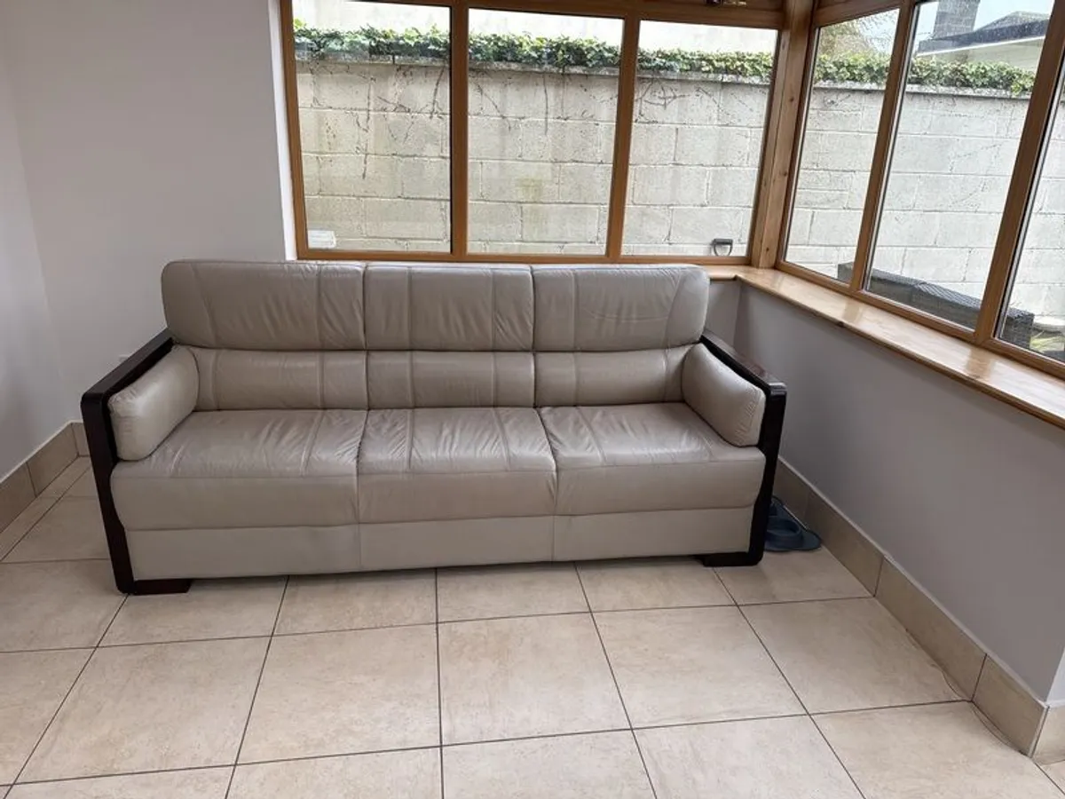 sofa - two 3 seaters. Beige Italian leather and dark wood - Image 1