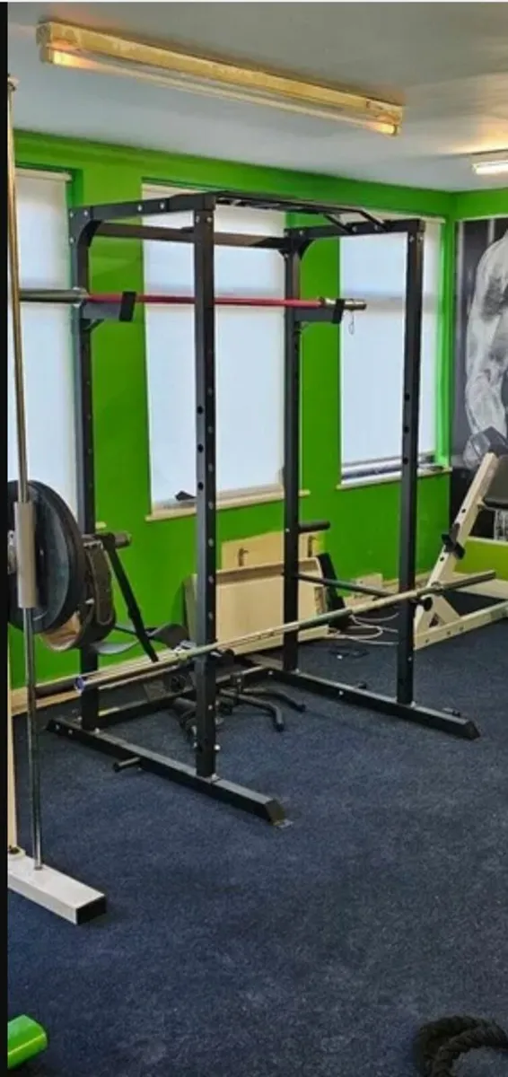 Power Cage, Barbell, Bench, and Weights - Image 1