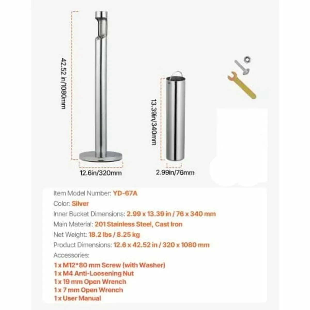 Cigarette Butt Receptacle, Stainless Steel Cylinde - Image 2