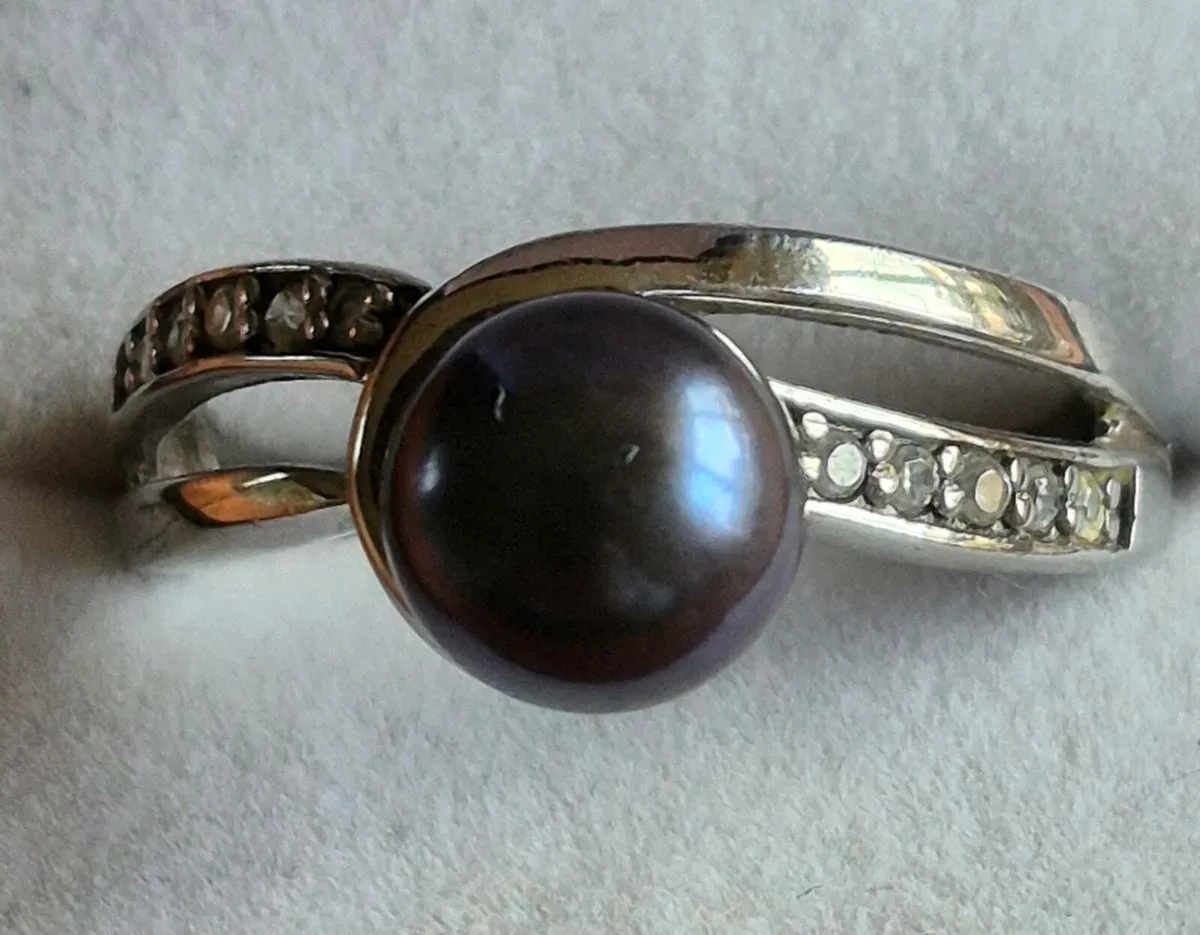 925 Silver & Tahitian Pearl Ring - Size N - Image 1