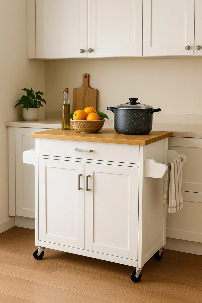 Kitchen Island Trolley Mobile White with Wooden Wo - Image 1