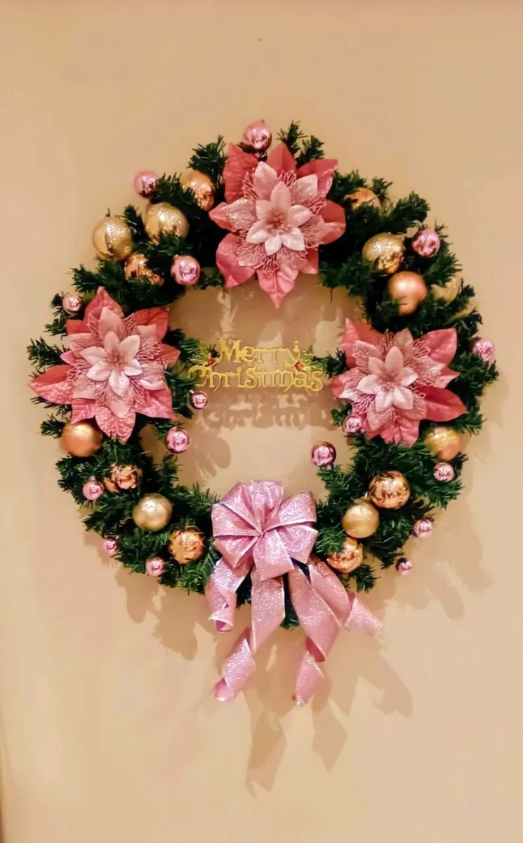 Large Pinks Golds Christmas Wreath - Image 1