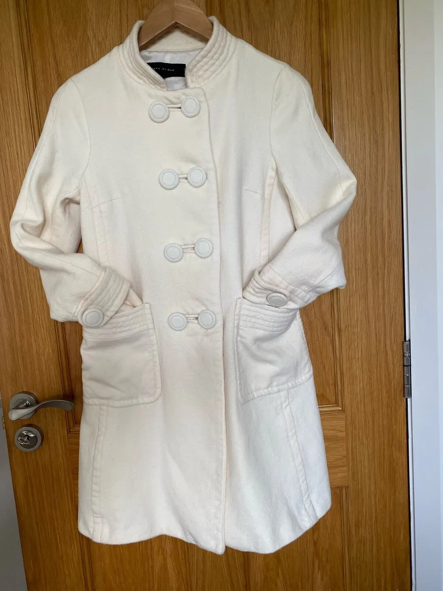 Zara Women Cream Viscose Mandarin Collar Coat - Image 4