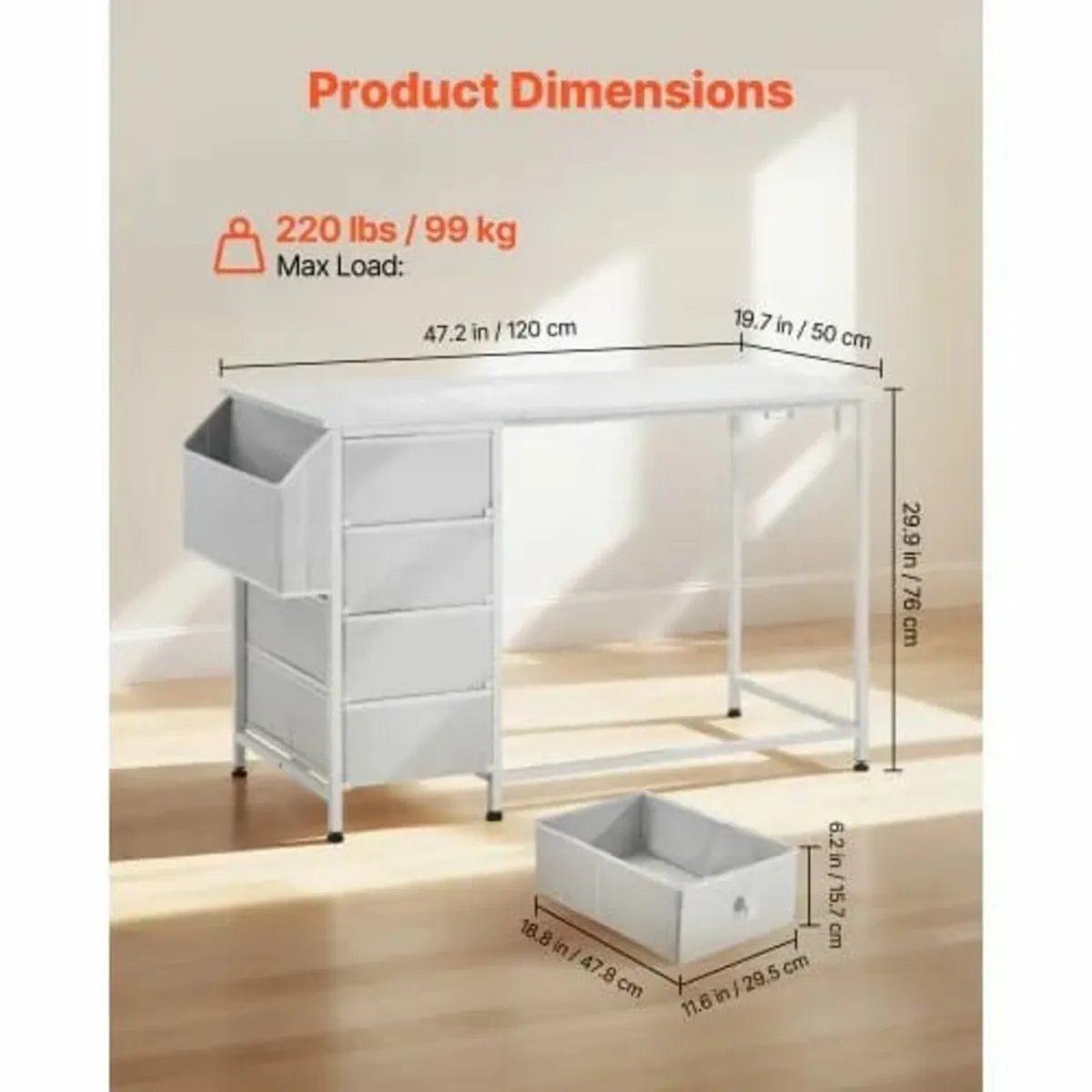 Computer Desk with Fabric Drawers, 120 cm Reversib - Image 3
