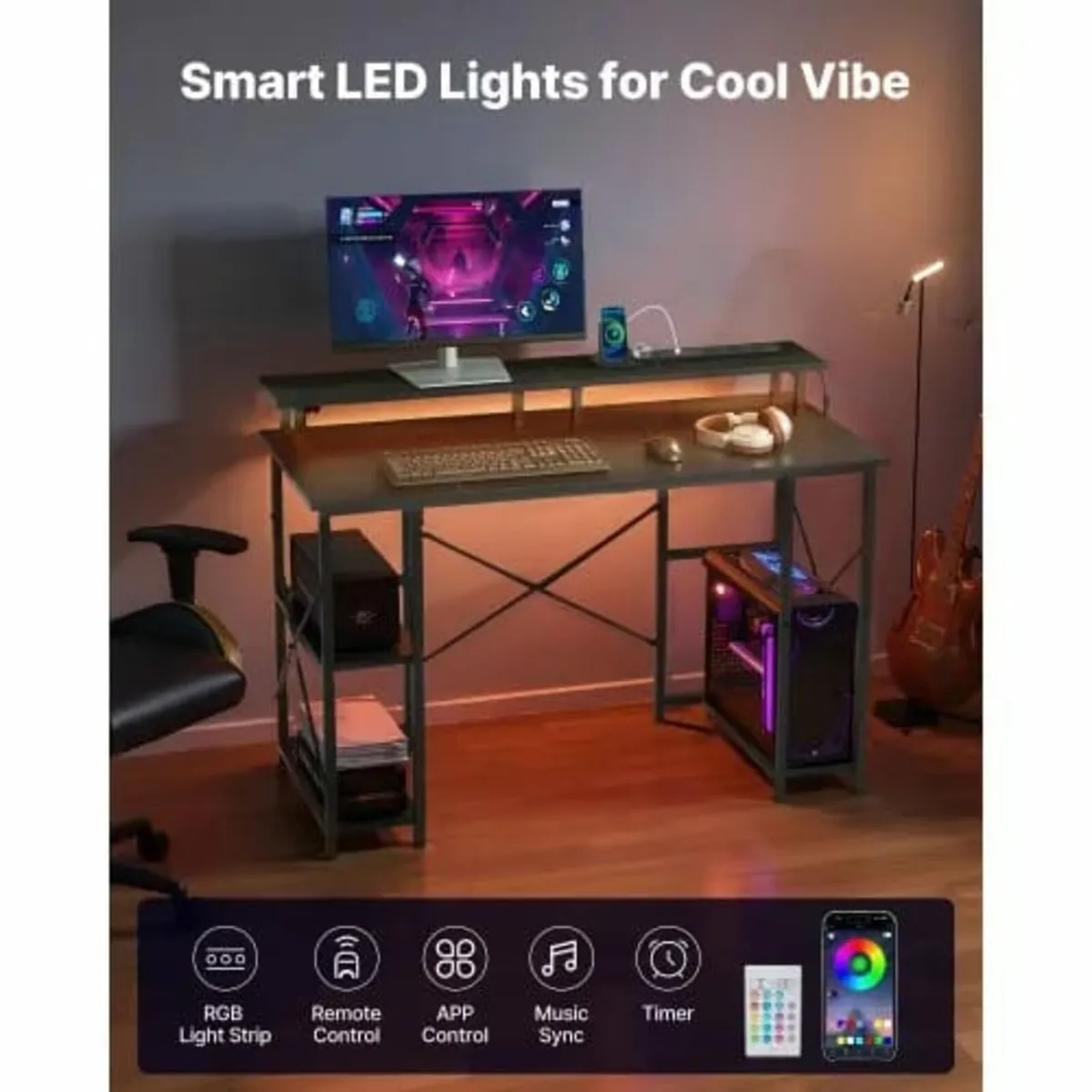 120 cm Computer Desk with Smart LED Lights and Pow - Image 2
