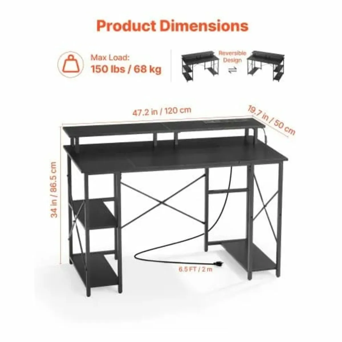 120 cm Computer Desk with Smart LED Lights and Pow - Image 3