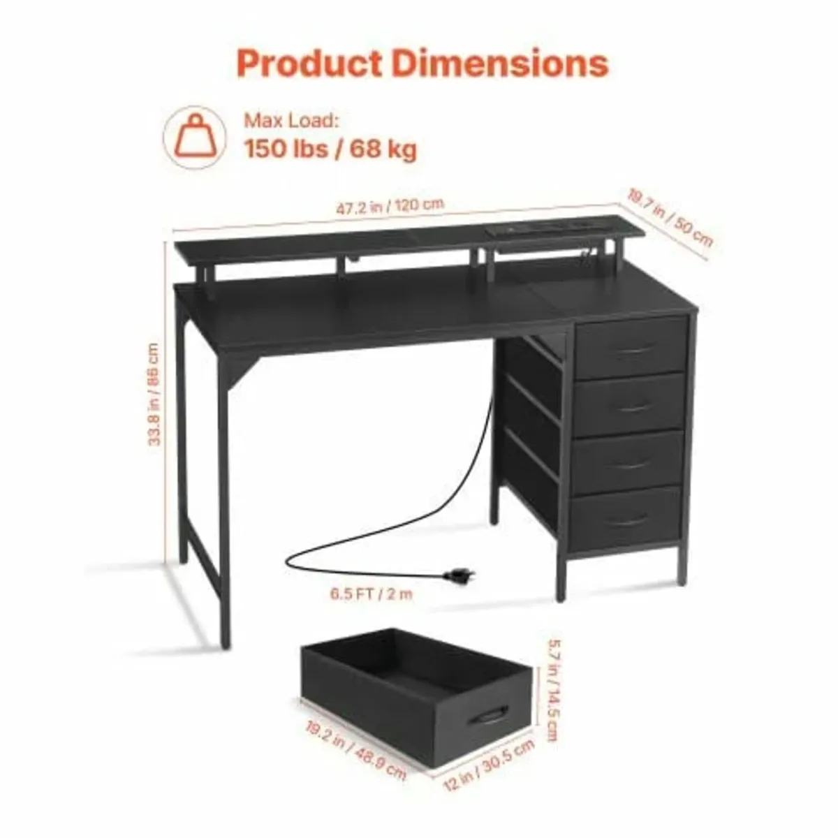 120 cm Computer Desk with Smart LED Lights and Pow - Image 3