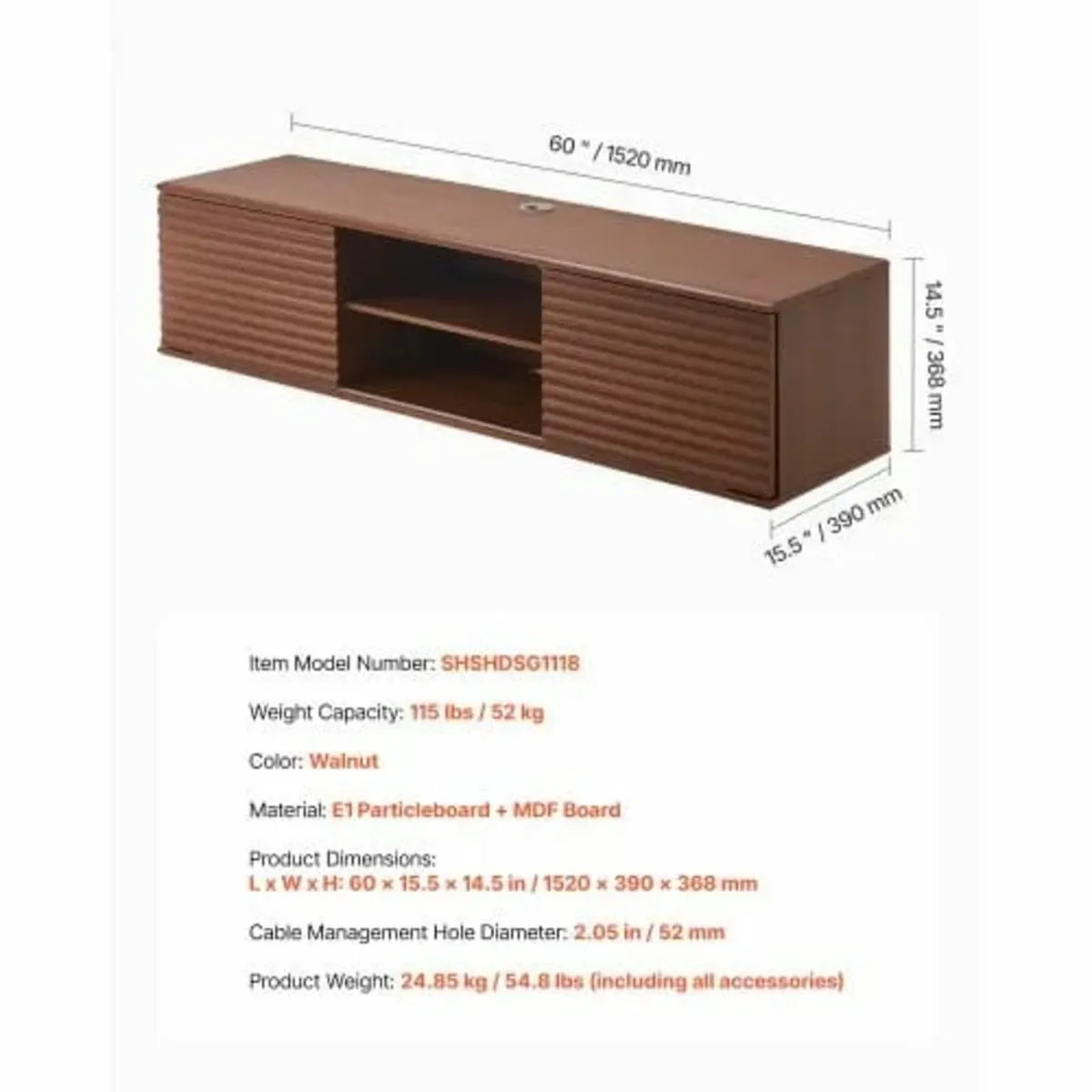 Floating TV Stand, 60" Wall Mount Entertainment Ce - Image 3
