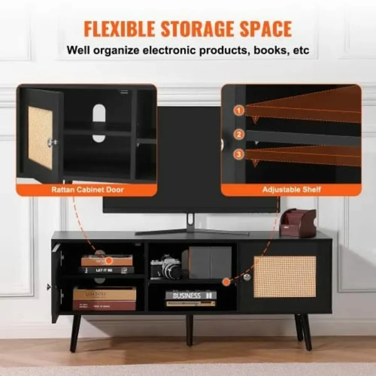 TV Stand, Boho TV Cabinet for 55 inch TV, Mid Cent - Image 2