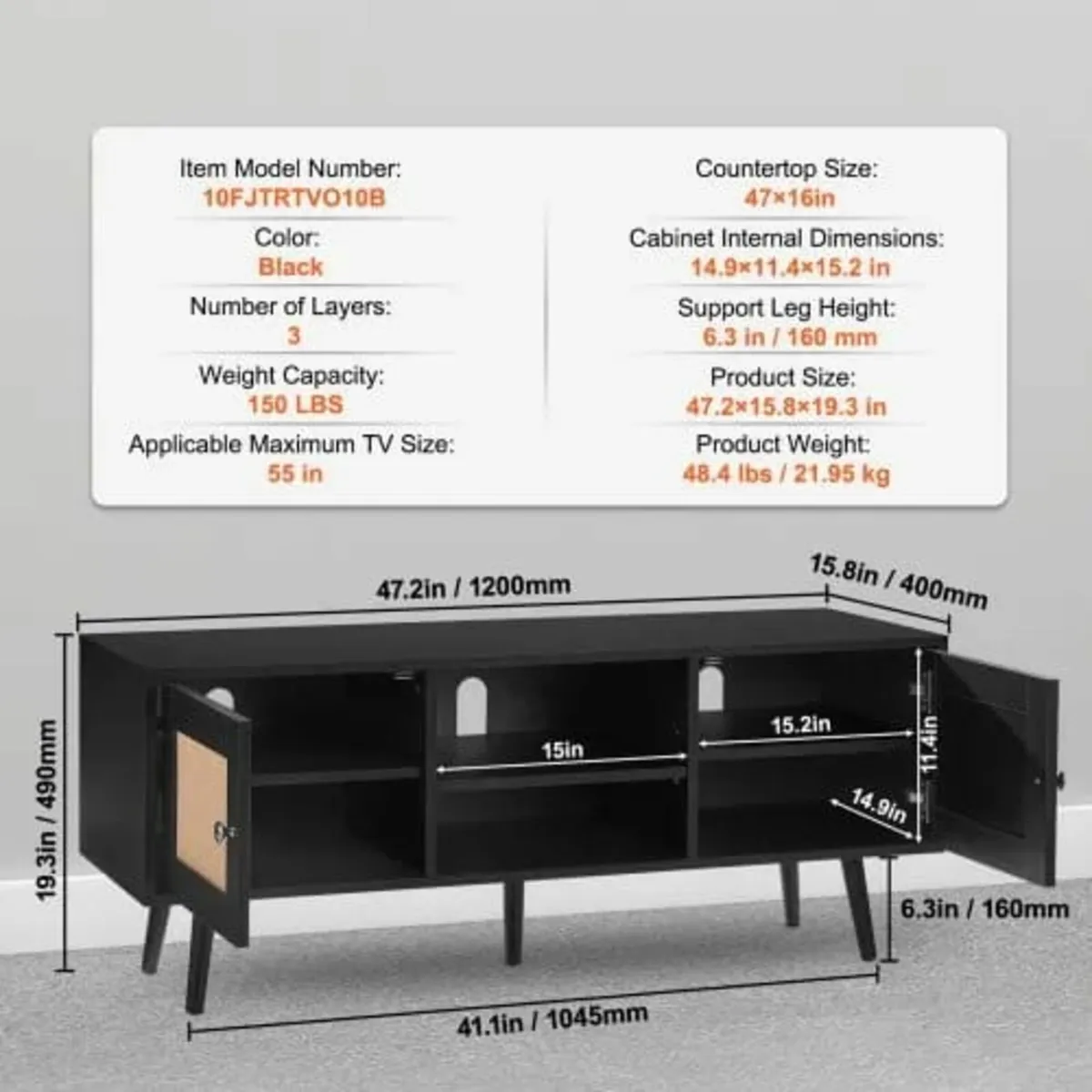 TV Stand, Boho TV Cabinet for 55 inch TV, Mid Cent - Image 3