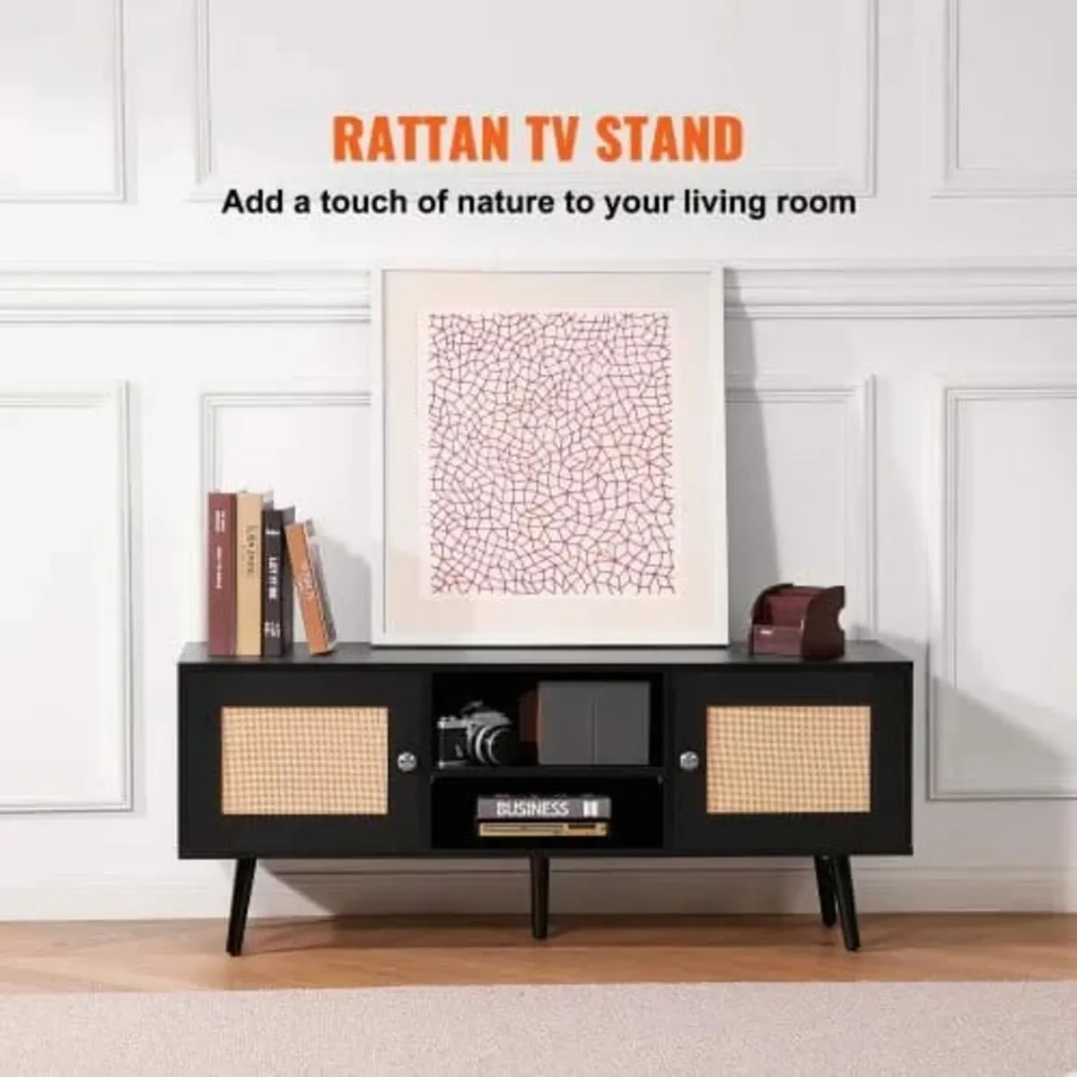 TV Stand, Boho TV Cabinet for 55 inch TV, Mid Cent - Image 4
