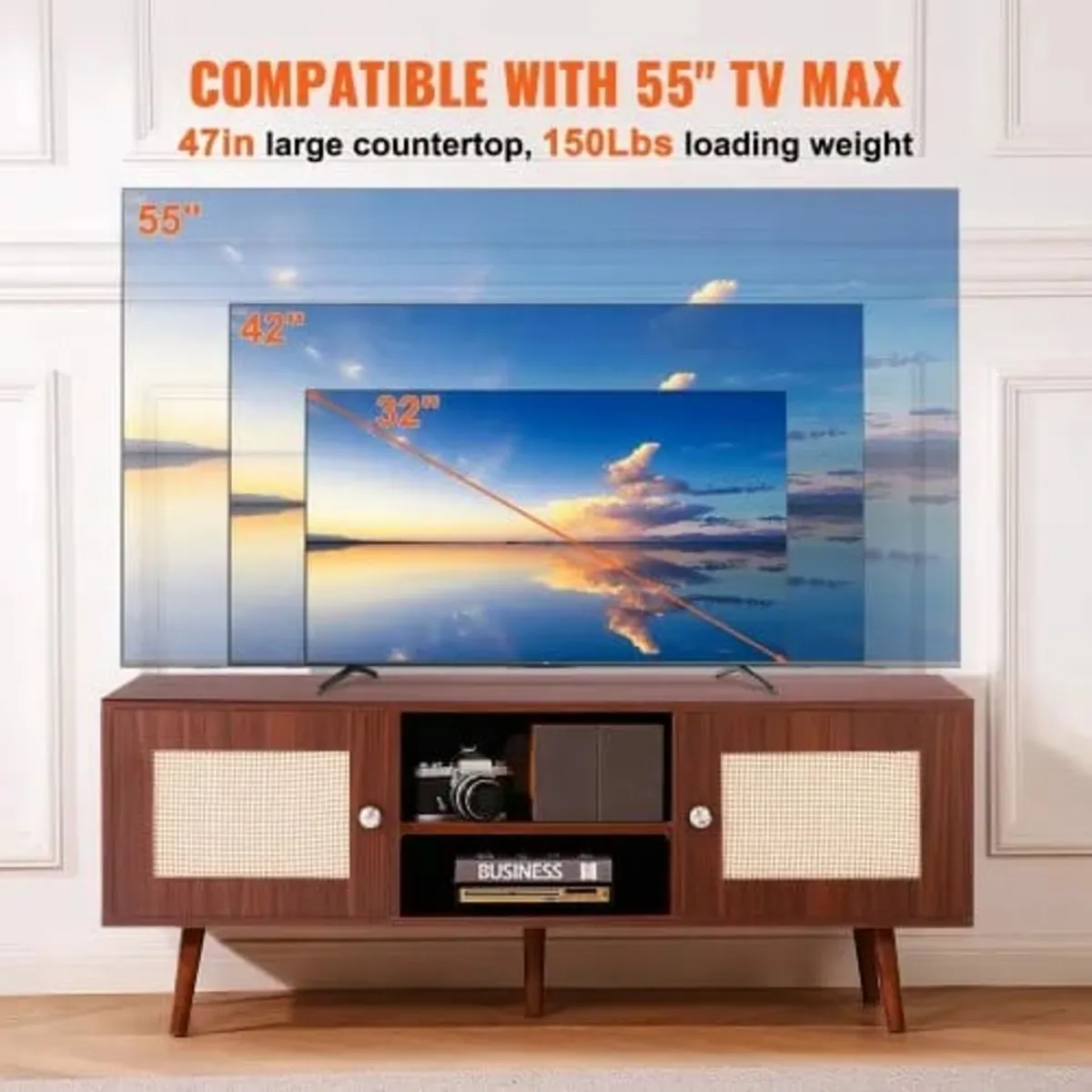 Rattan TV Stand, Boho TV Cabinet for 55 inch TV, M - Image 2