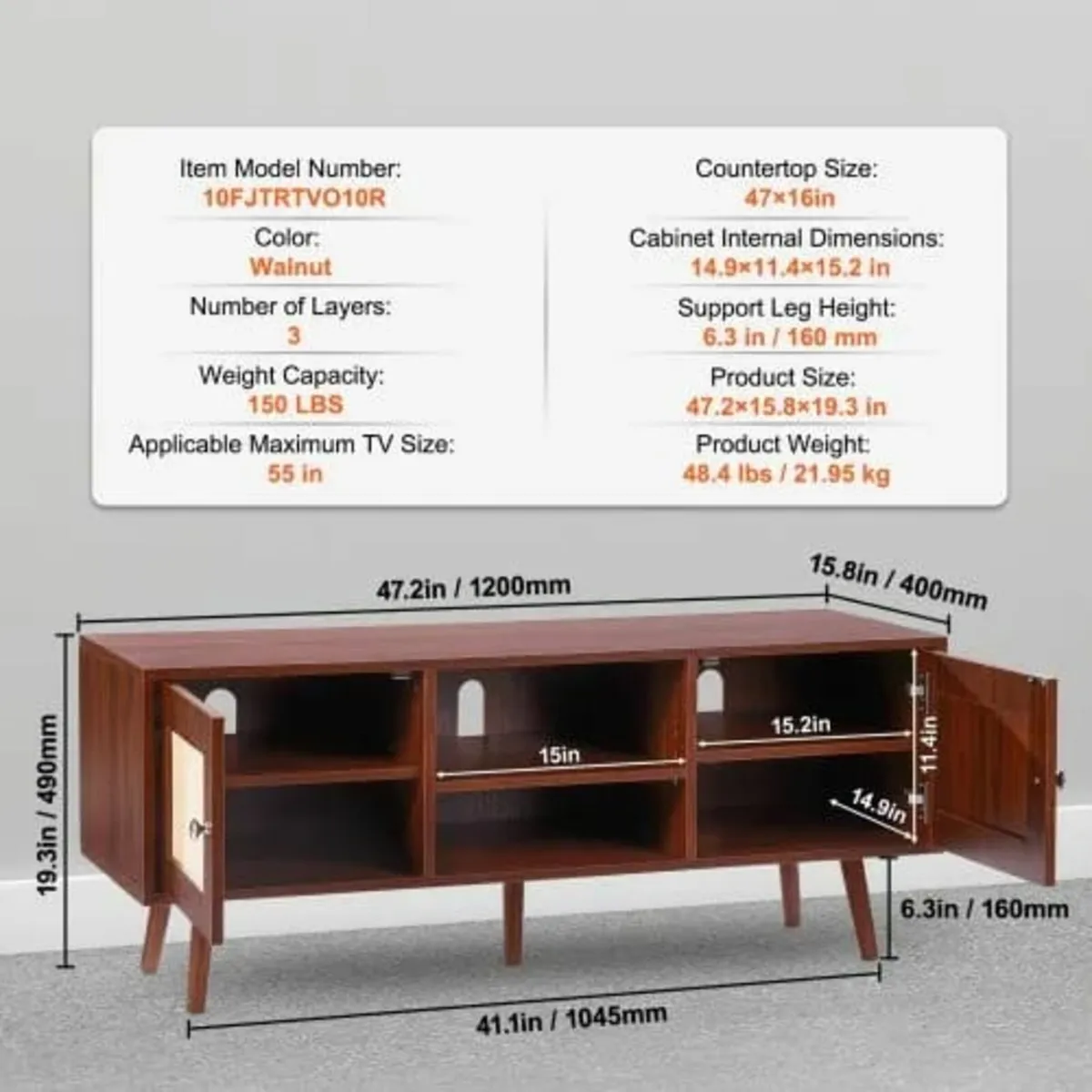 Rattan TV Stand, Boho TV Cabinet for 55 inch TV, M - Image 3
