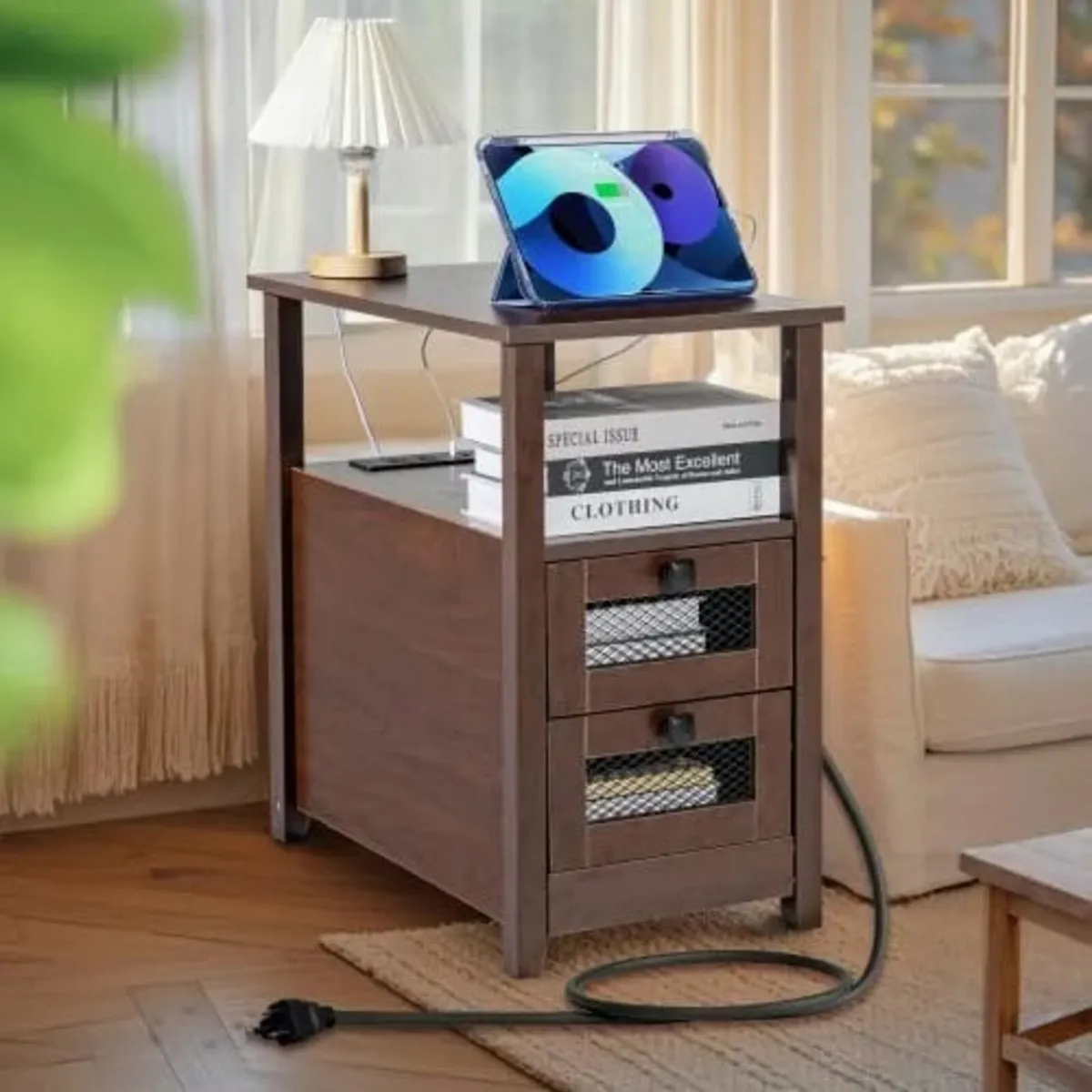 Farmhouse End Table, Narrow Night Stand with USB P - Image 2